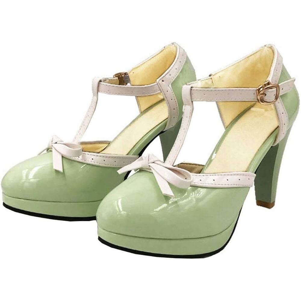 Womens Round‎ Toe High Heels Pumps Party Ankle T-Strap Mary Jane Shoes Green 9.5